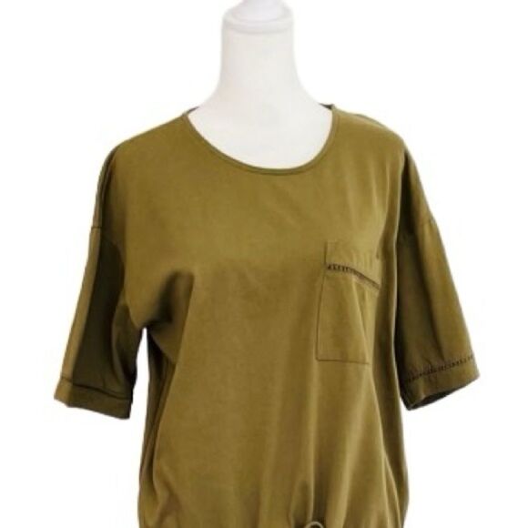 MORGIN olive green drawstring waist top, chest pocket, crochet accents - Picture 2 of 8